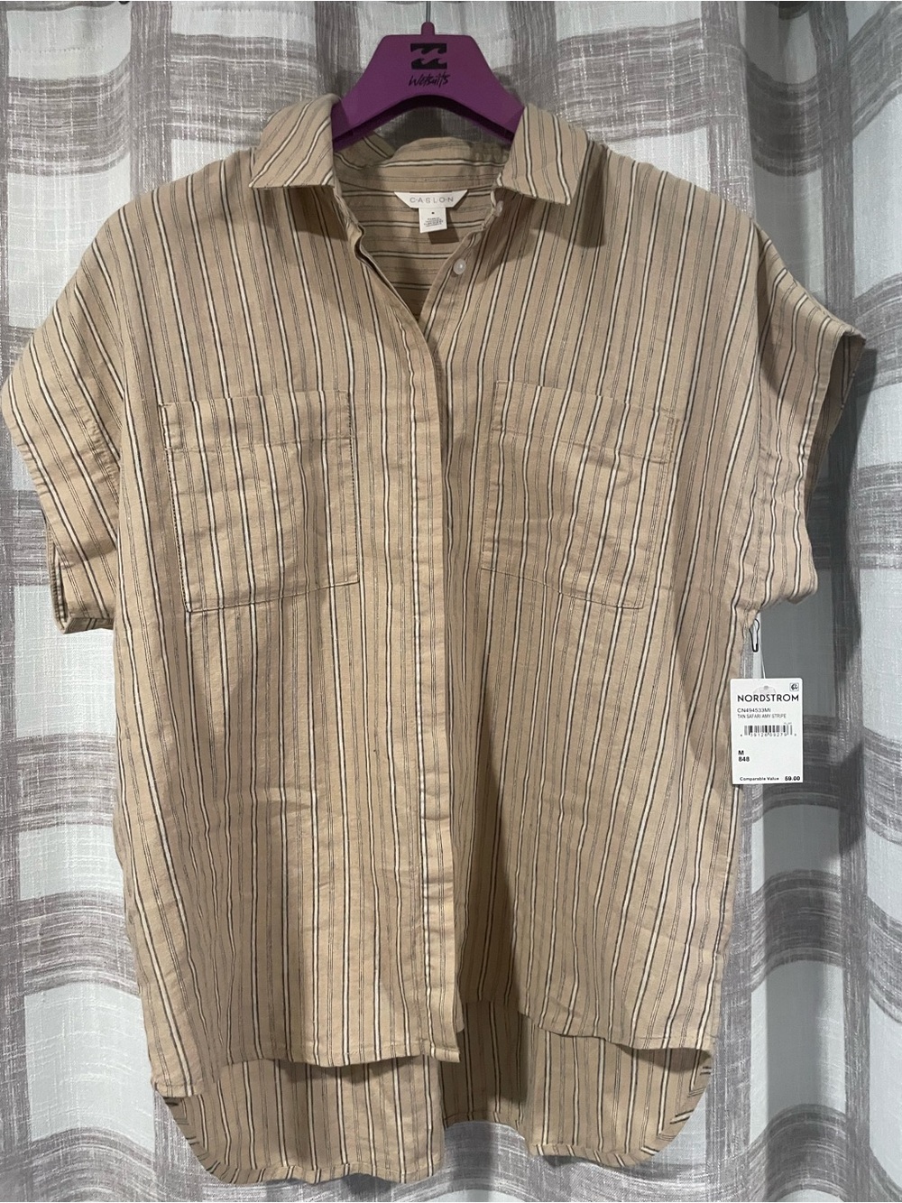 Caslon Beige Stripe Button-Down Short-Sleeve Women's Shirt